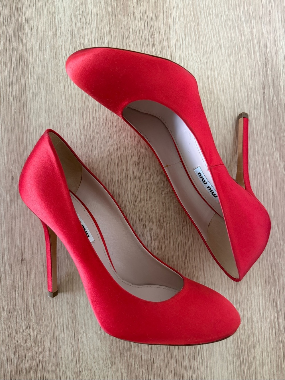Miu Miu Red Satin Round Toe Stiletto Pumps size 39.5